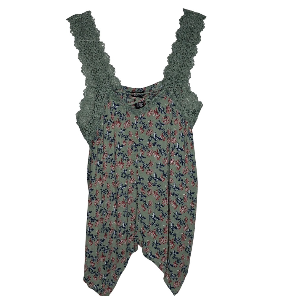 rue21 Womens Large Tank Top Sage Green Floral Crochet Lace Sharkbite Hem Boho